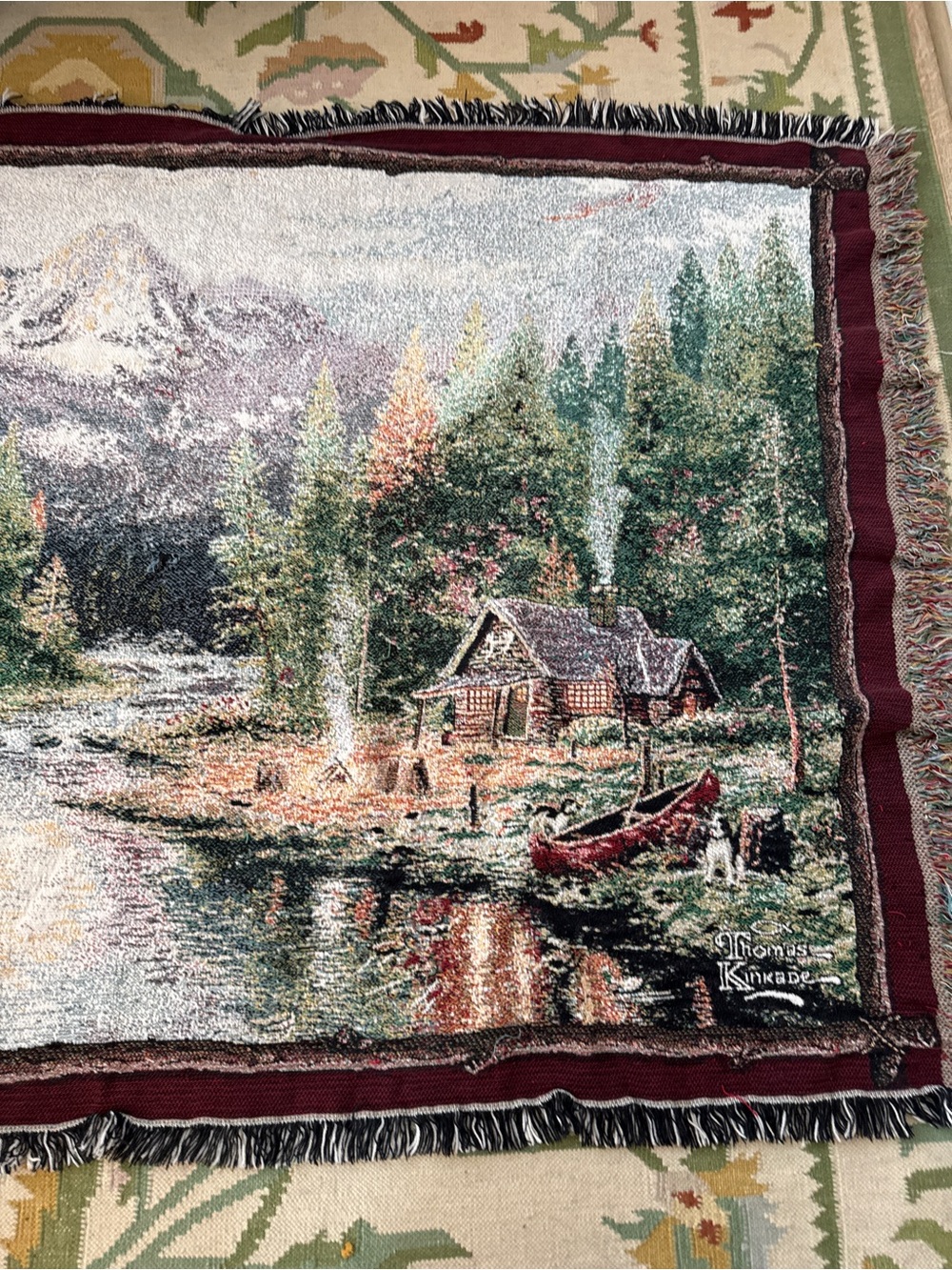 Thomas Kinkade Scenic Cabin Tapestry Throw - Green, Red, Brown
